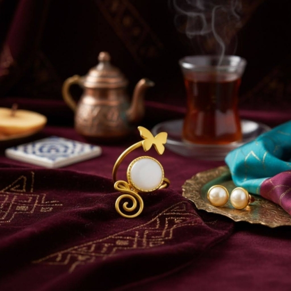 ποΈTurkish Artisan 24K Gold Plated & Pearl Ring + Earrings Set π Adjustable - Picture 12 of 13